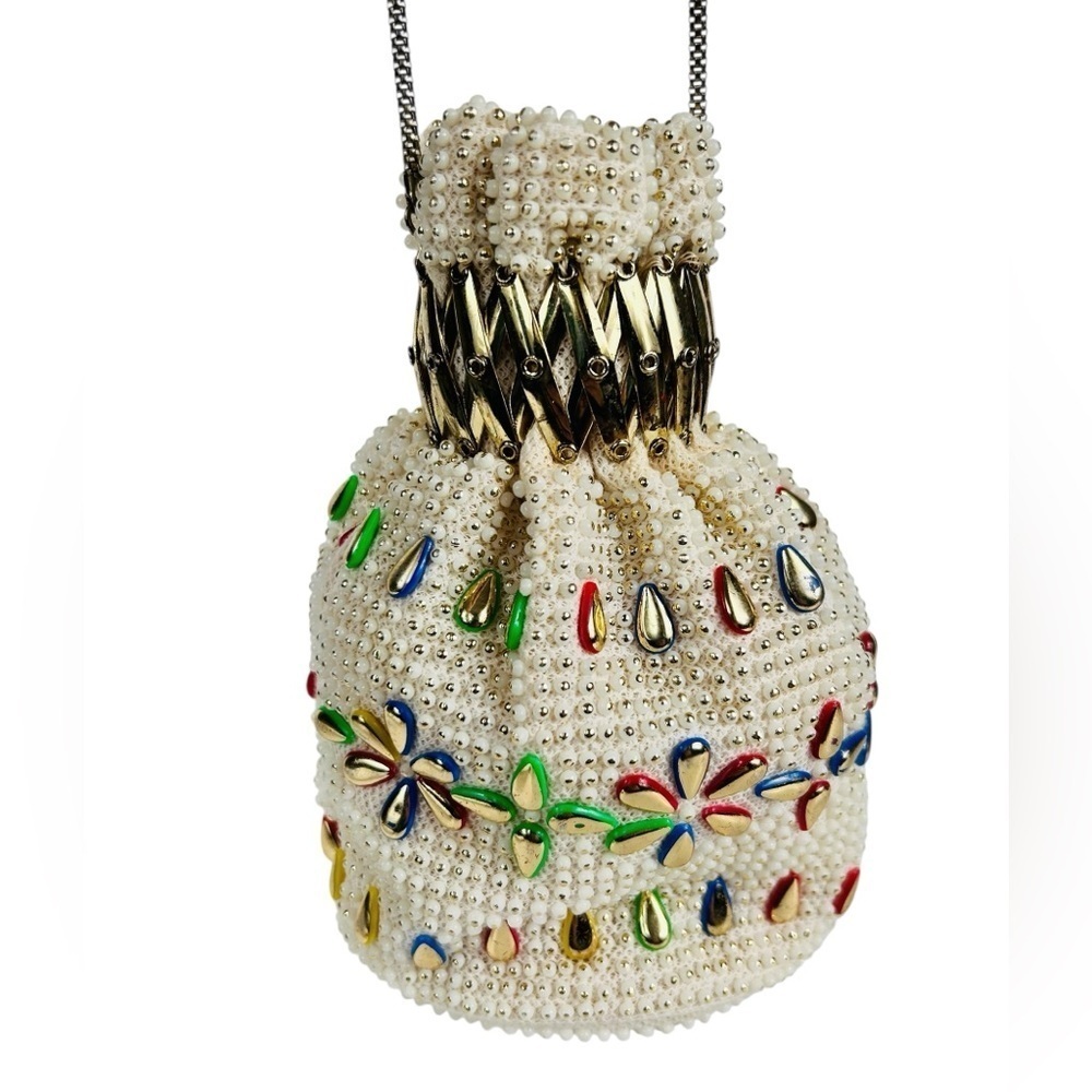 Vintage beaded & bejewelled evening bag, metal retractable closure, chain straps - Picture 5 of 13